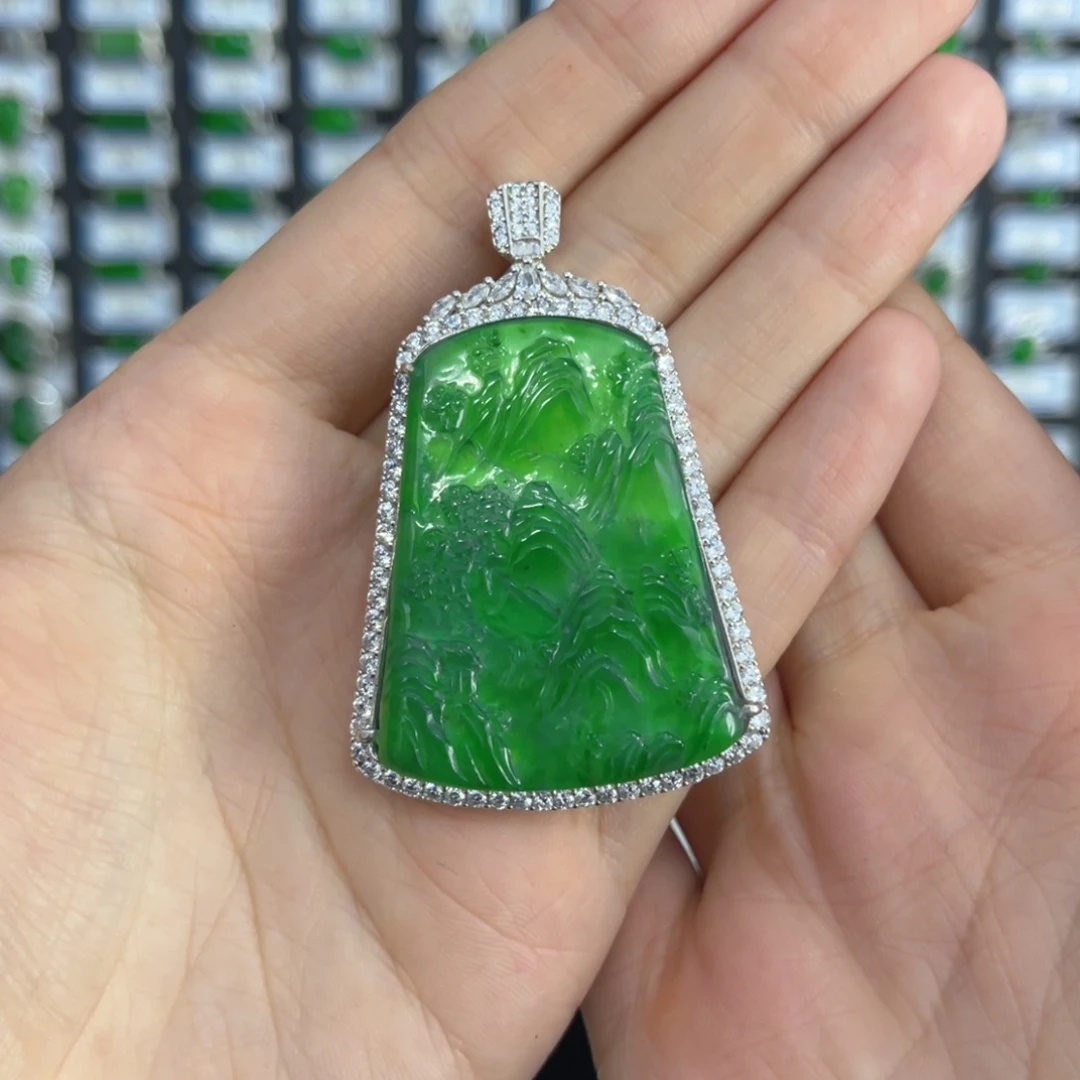 翡翠戒指银S925镶嵌山水牌