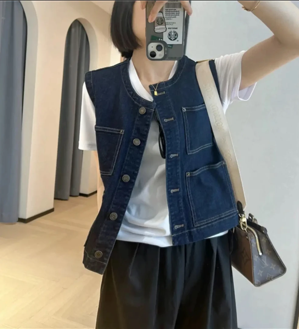 新款春夏率性复古深蓝圆领短款牛仔马甲叠穿百搭无袖背心外套
