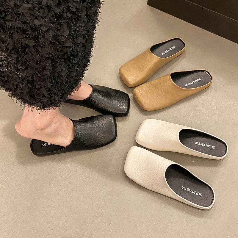 平底包头半拖鞋女外穿2025夏季新款软皮软底一脚蹬懒人休闲凉拖鞋