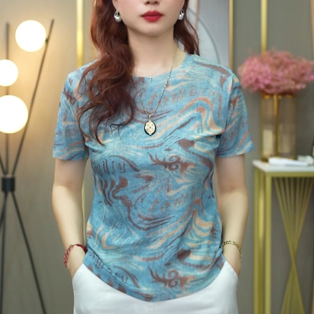 幽蓝似水 欧货时尚减龄印花T恤女士短袖夏季圆领网纱百搭上衣1745