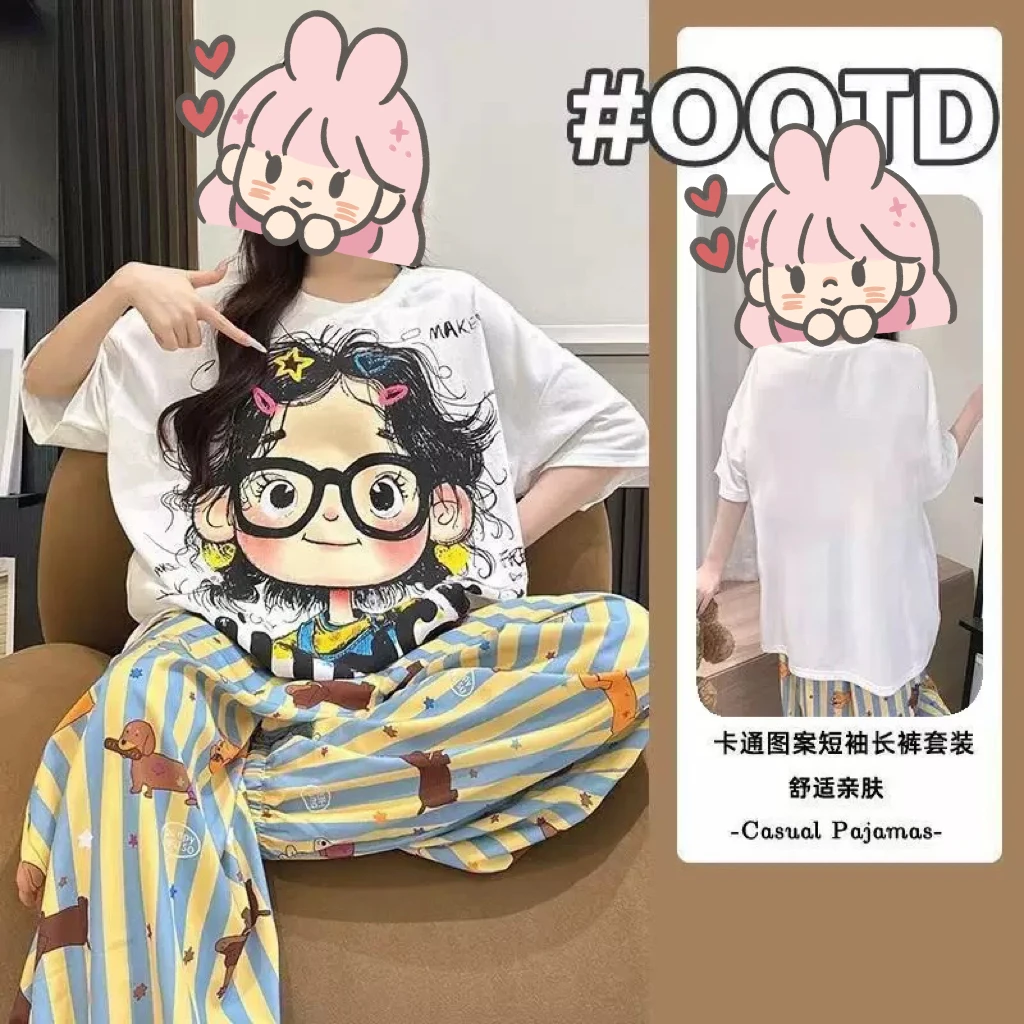 云朵棉夏季睡衣女士女款短袖长裤新款可外穿带胸垫束脚家居服套装