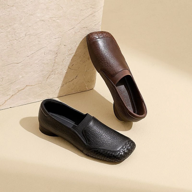 【牛皮】5舒适软底小皮鞋一脚蹬乐福鞋真皮松紧口低跟女士单鞋【谢】