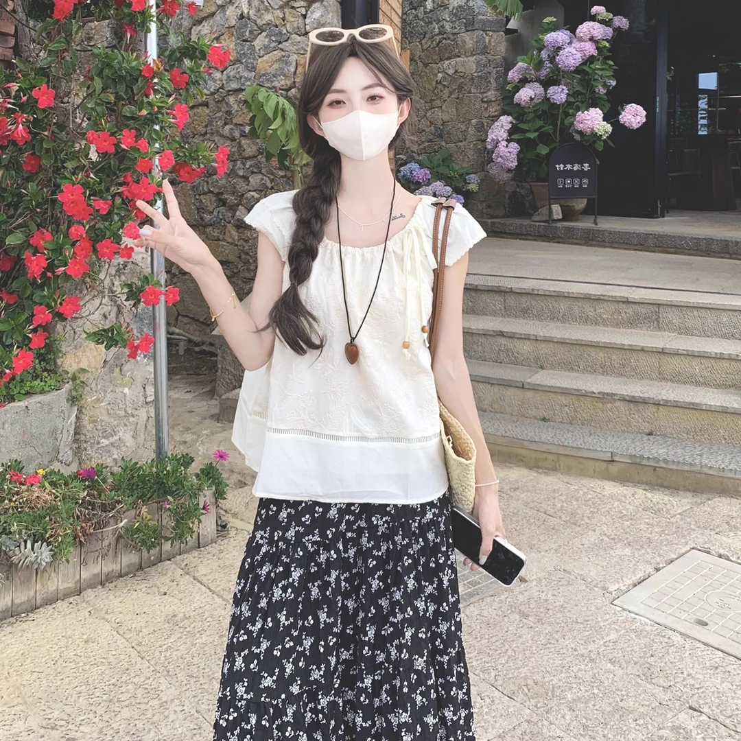 夏日ootd穿搭刺绣抽绳娃娃衫超好看独特漂亮上衣洋气别致减龄衬衫
