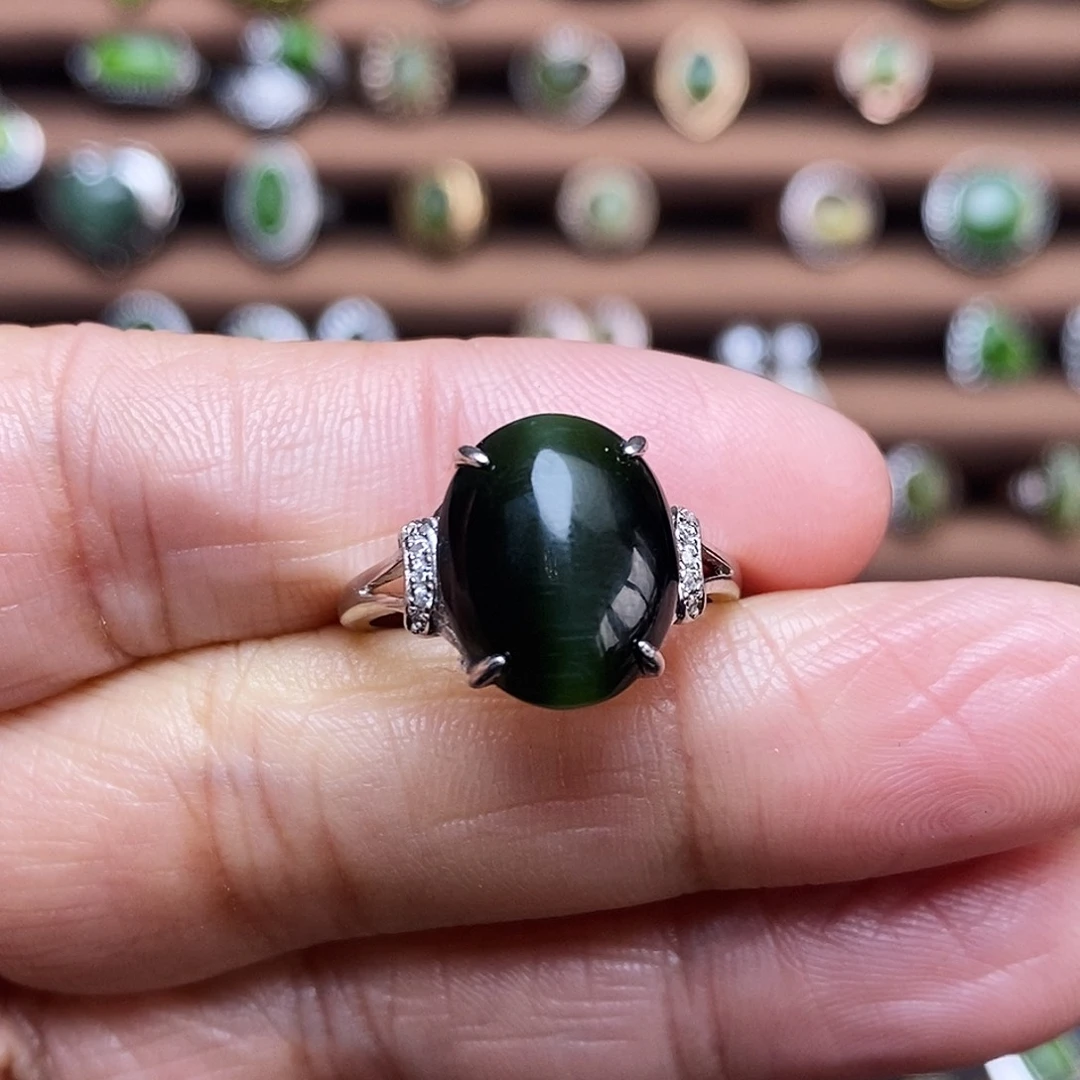 吊坠(不含链)银S925镶嵌和田玉（碧玉）戒指