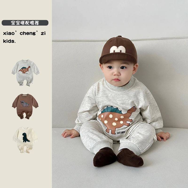 T25C08春季连身衣可爱恐龙三色新生儿爬爬服婴儿宝宝卡通哈衣长袖