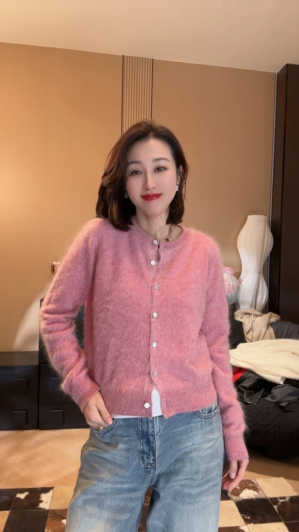 【蜜桃粉】100羊绒拉绒小开衫时尚洋气百搭显腿长气质长袖针织
