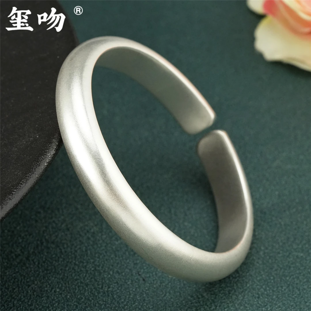 足银手镯 【玺吻】100克实心足银999.9 手工古法泥鳅背足银开口手镯
