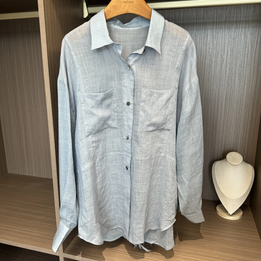 【心动搭配】苎麻莱赛尔炒色后背系绳中长款衬衫时尚休闲上衣女防晒