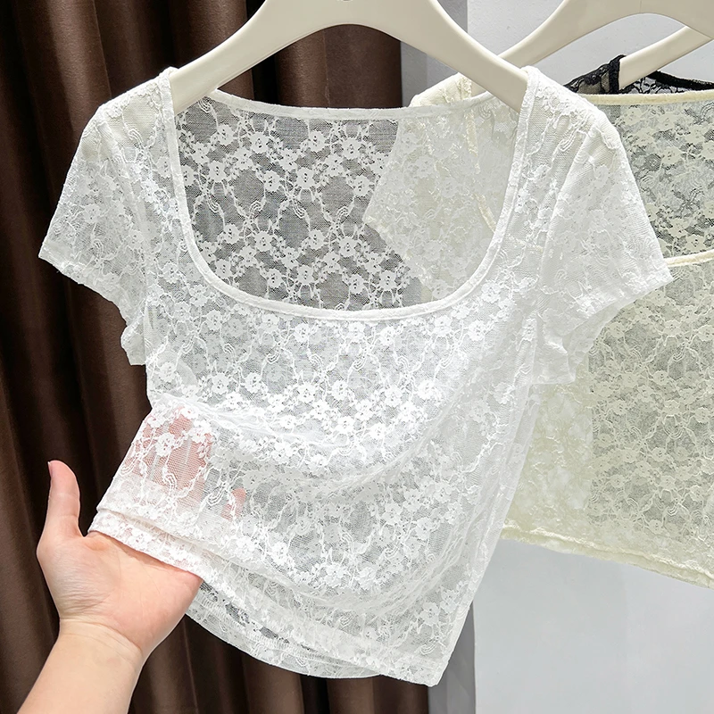 白色透视方领短袖T恤女夏季薄纱镂空蕾丝打底衫吊带裙内搭上衣