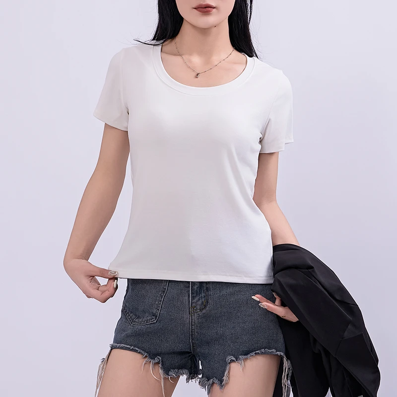 2025夏季薄款大U领短袖t恤女锁骨正肩显瘦百搭打底衫内搭上衣半袖
