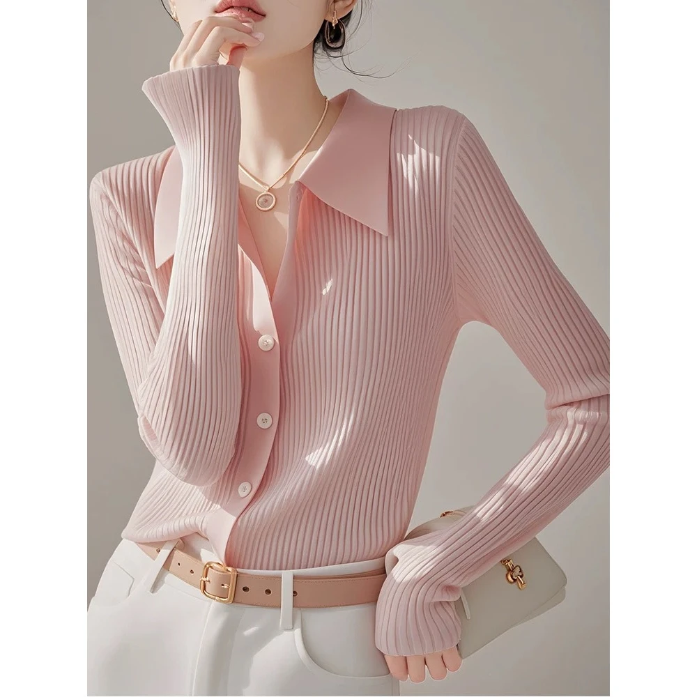 粉色针织衫2024秋季设计感小众高级感气质别致绝美修身polo领上衣