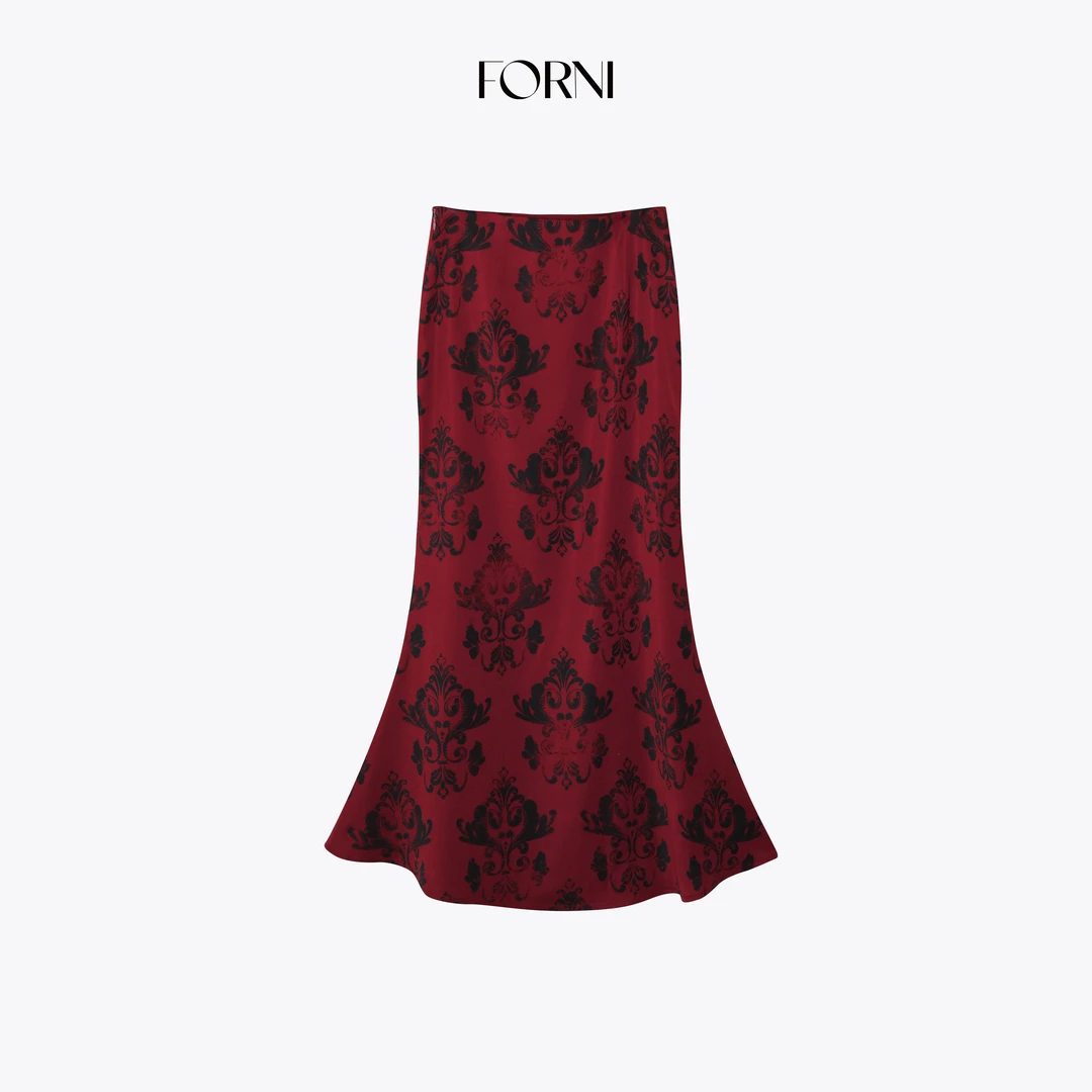 FORNI 25ss 勃艮第誓约 秋冬女装姐感韵味复古印花微鱼尾半身裙