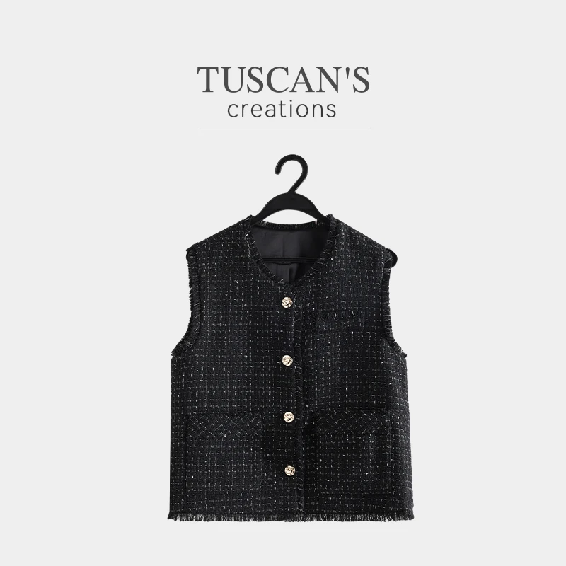 TUSCAN'S CREATIONS女马甲粗花呢名媛气质小香风马夹