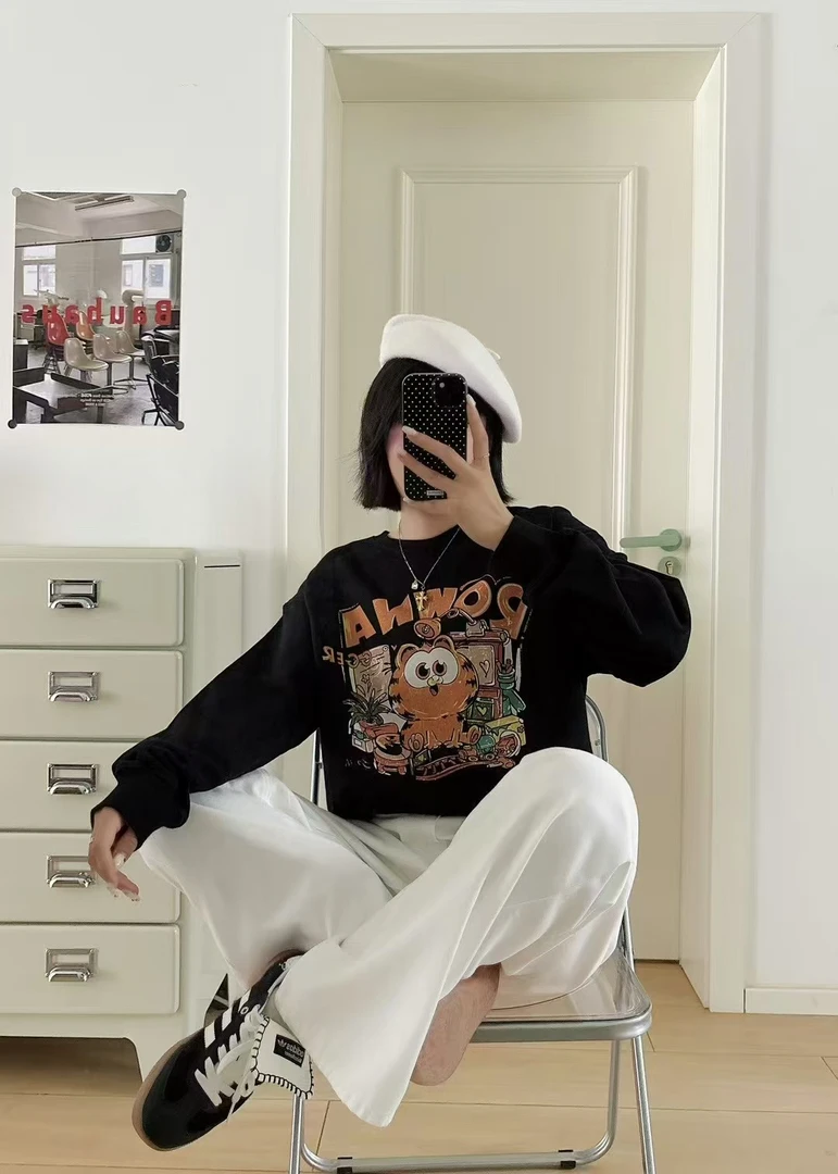 YD-韩系！重工小加菲猫圆领卫衣印花刺绣全棉毛圈 无感印花 2492