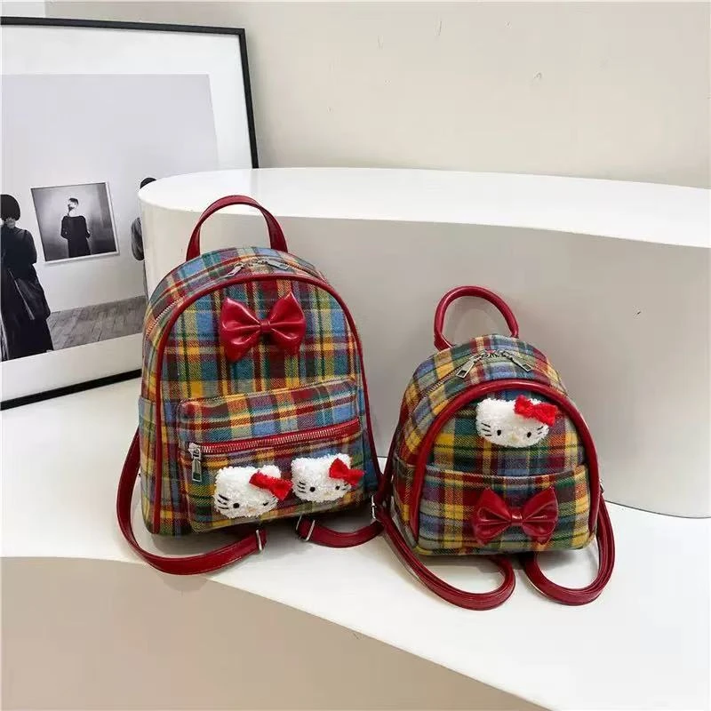 623复古红格子kt猫双肩包结可爱精致迷你少女背包学院风学生书包
