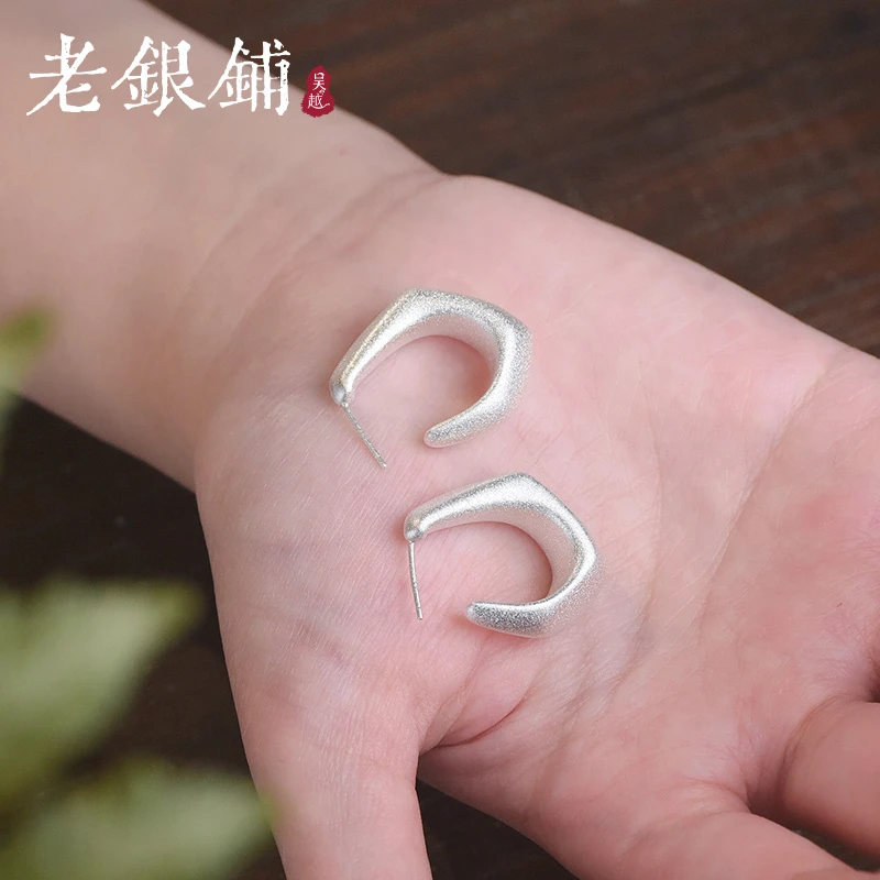 吴越老银铺 925银耳饰 S925银琢方仪耳钉小众简约气质银耳钉个性