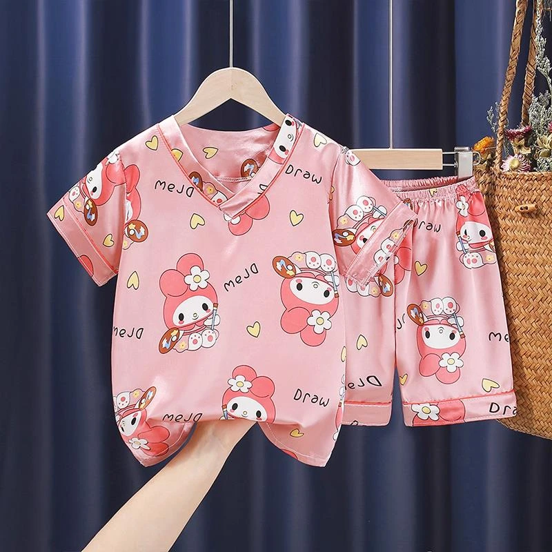 FAVMARTHA女童睡衣冰丝夏季短袖套装2025新款美乐蒂薄款家居服中