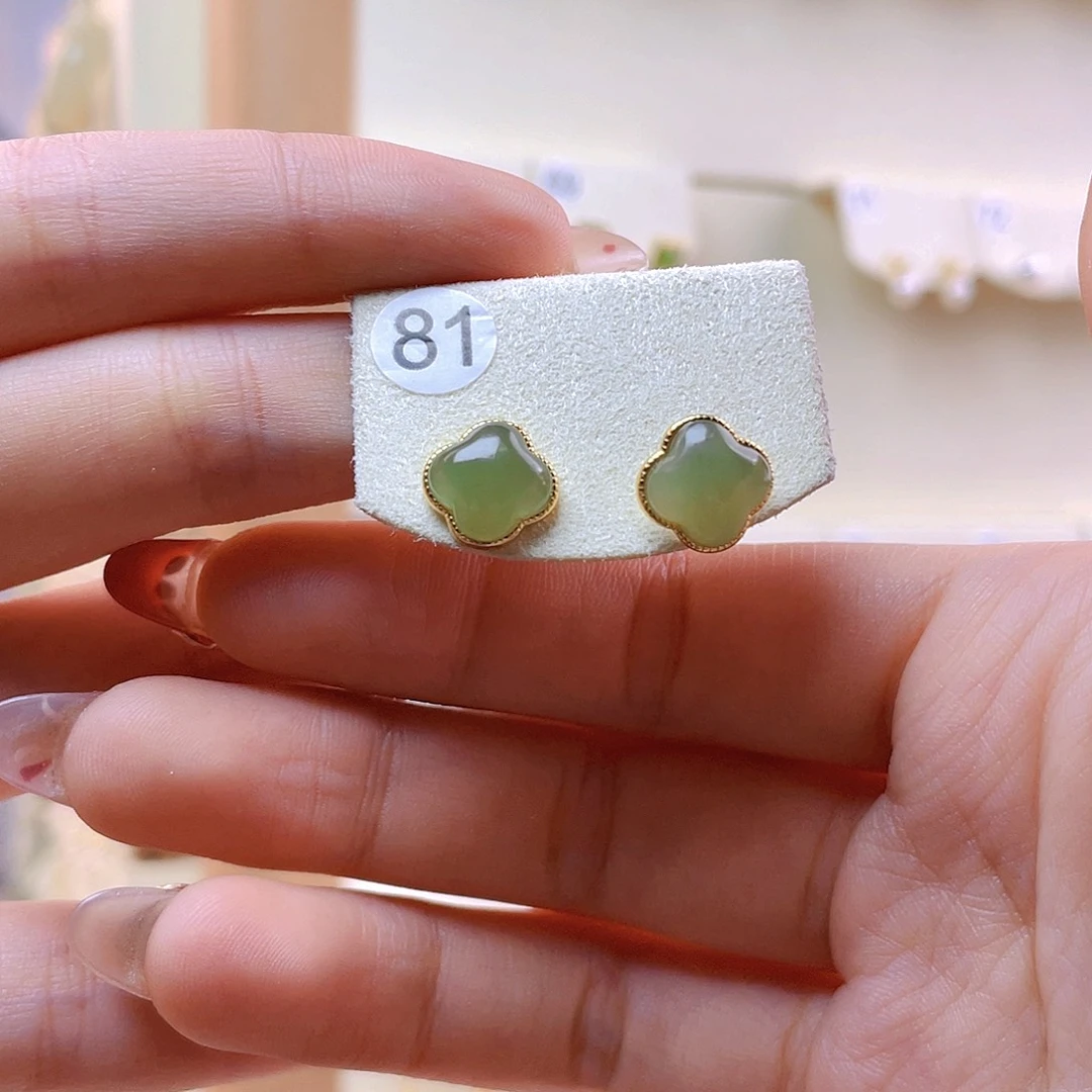 和田玉耳饰银S925镀金镶嵌