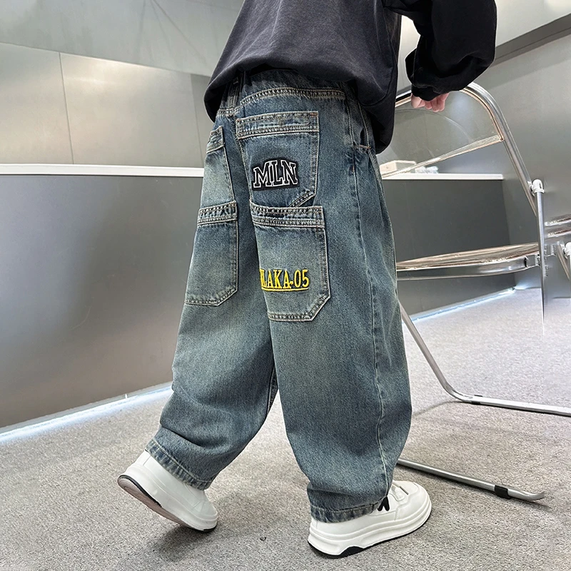 男童裤子春秋2025新款儿童牛仔裤宽松洋气直筒裤男孩秋装阔腿长裤