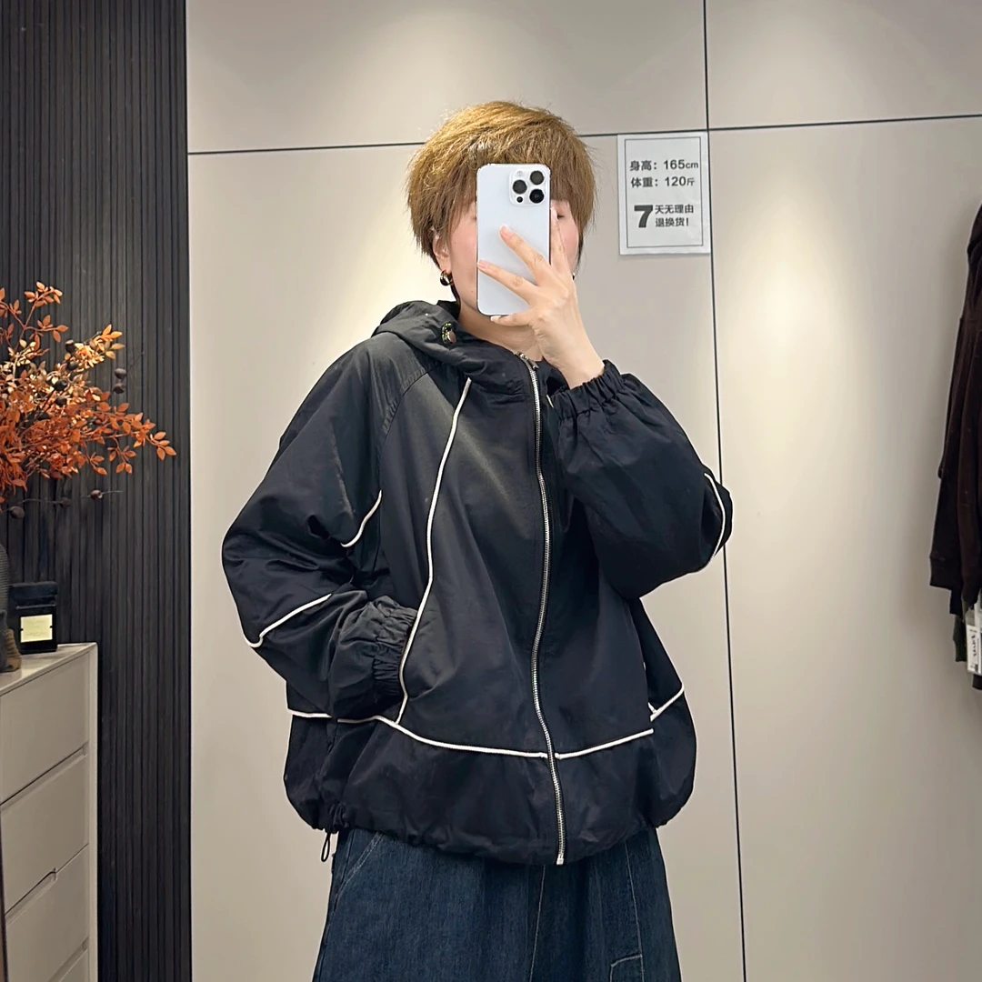 短款明线设计宽松版型连帽风衣外套抽绳夹克防风遮肉显瘦 （有衬）