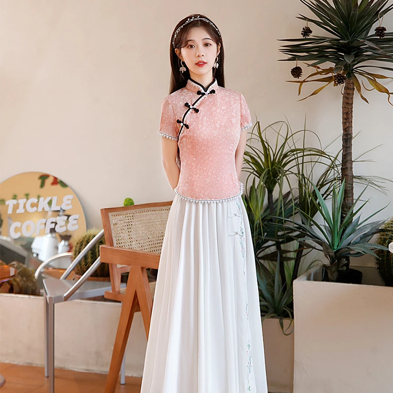 2025春新款年轻少女款长款短袖文艺清新旗袍时尚改良现代新版旗袍