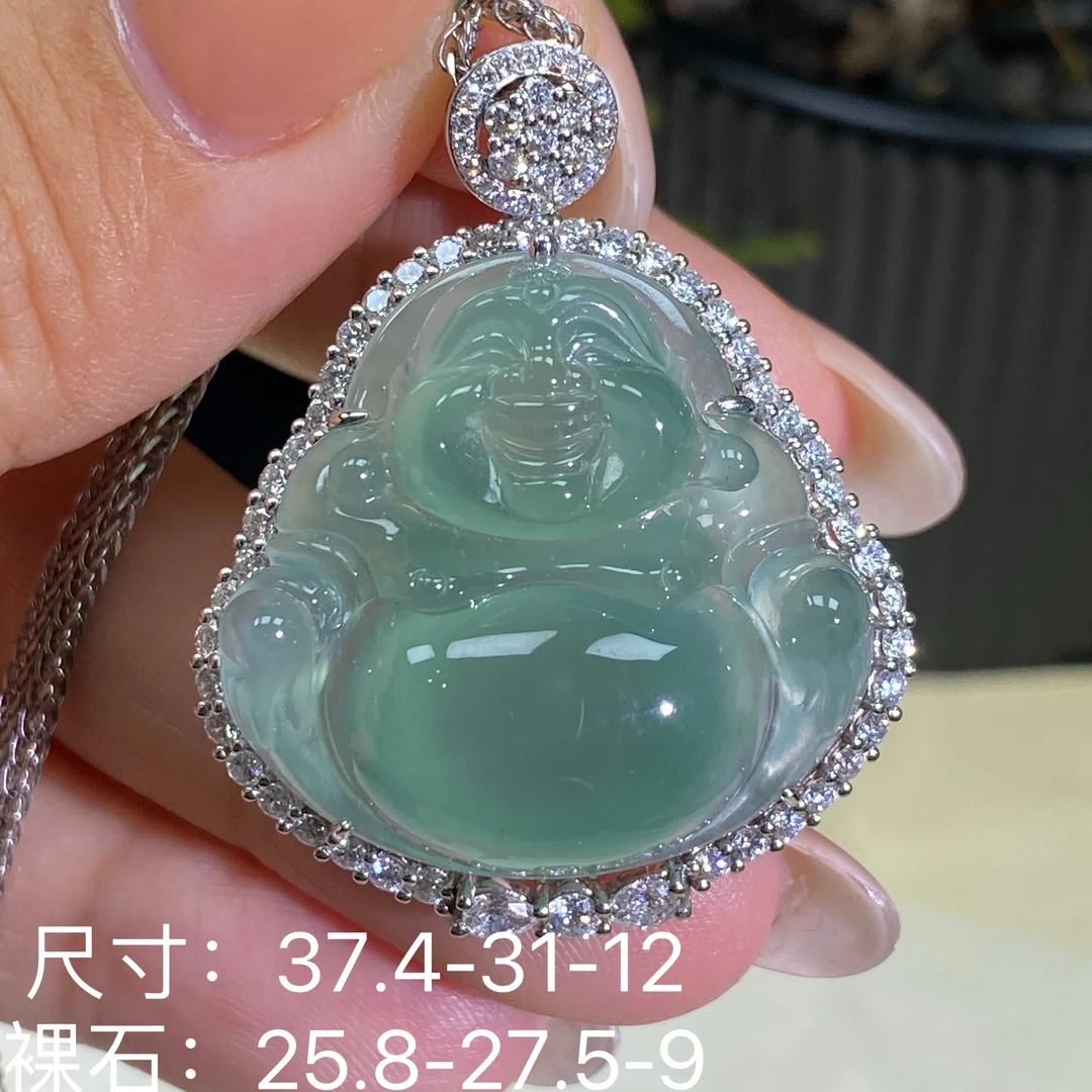 莱韵翡翠 18K金镶嵌冰胶甜绿佛公 缅甸天然A货翡翠