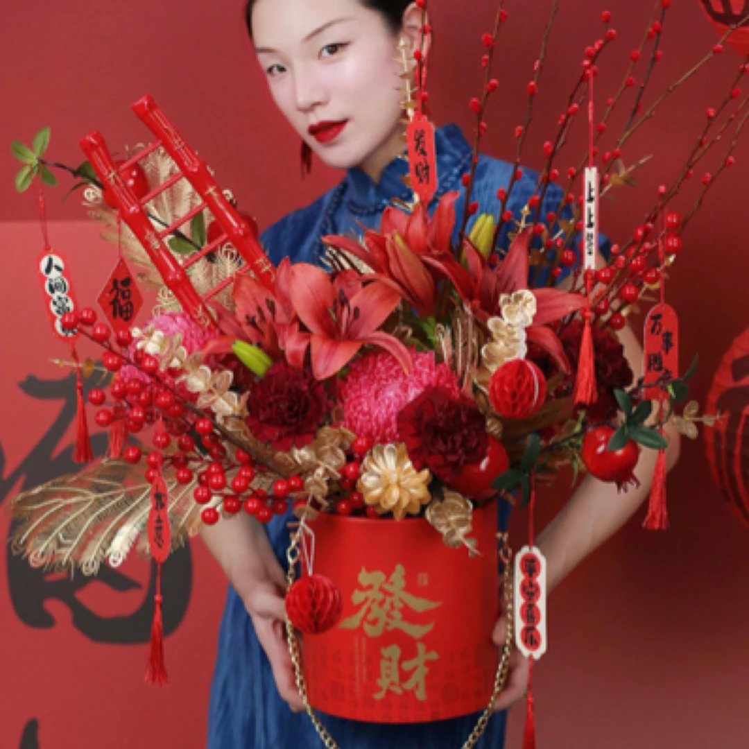 「红云贺岁」年宵限定花桶2025年红色系抱抱桶年宵花束