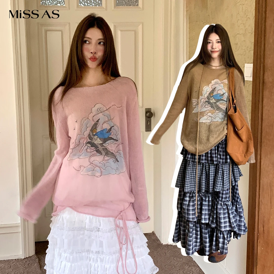 【YANAG】宽松舒适云朵里的燕子印花针织衫圆领25秋季MISSAS买手店