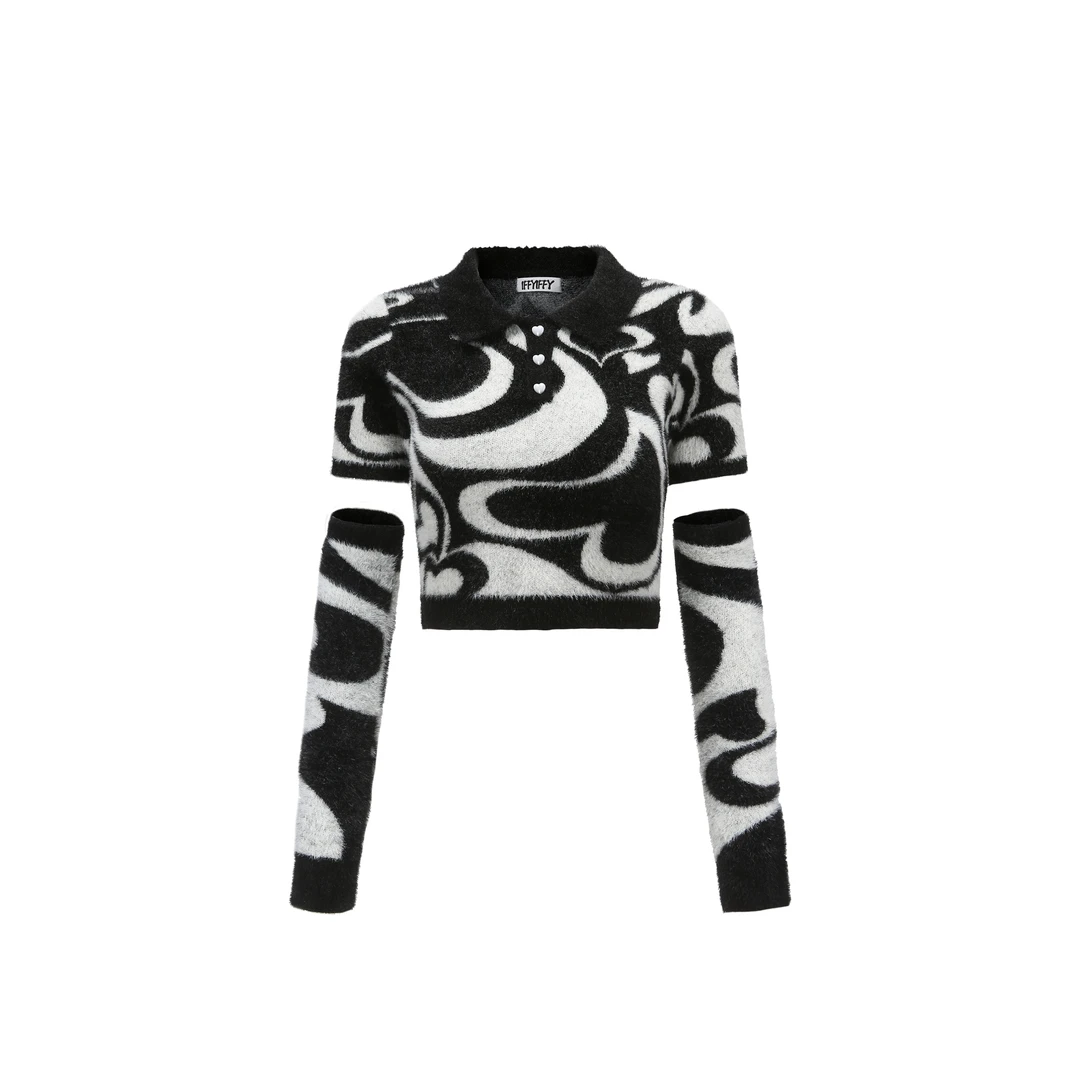 IFFYIFFY貂绒毛针织衫针织提花开衫毛衣正肩短款修身黑色提花毛衫