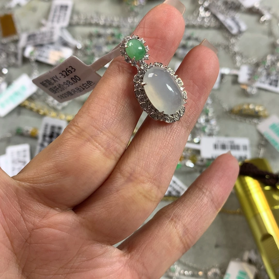 翡翠银S925镶嵌戒指吊坠