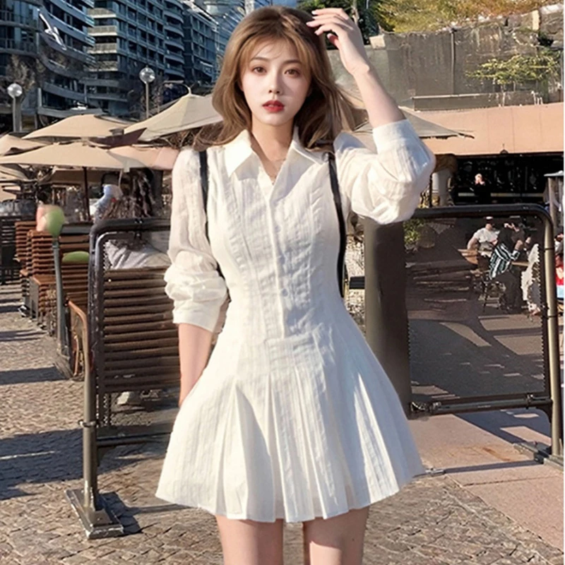 【柚一】【有里布】2025春季新款连衣裙法式收腰百褶衬衫裙子女D0301