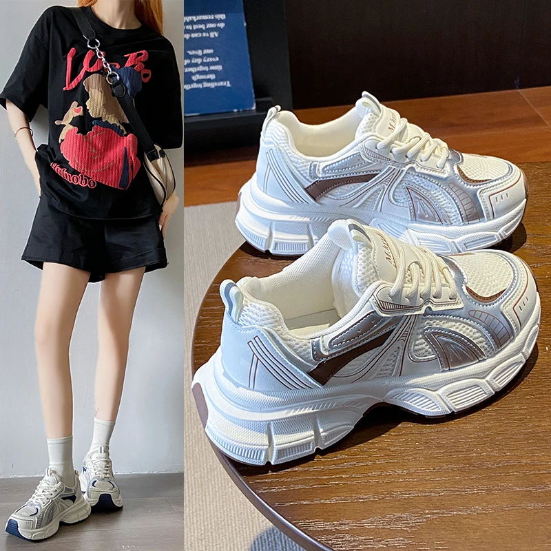 啄木鸟运动鞋女2025春秋新款网面透气轻便厚底增高四季双网老爹鞋