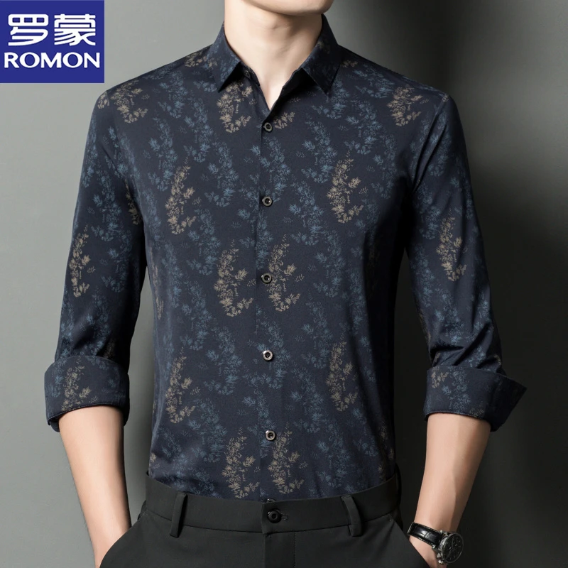 罗蒙提花质感高档时尚长袖衬衫男士春季舒适无痕商务个性男装衬衣