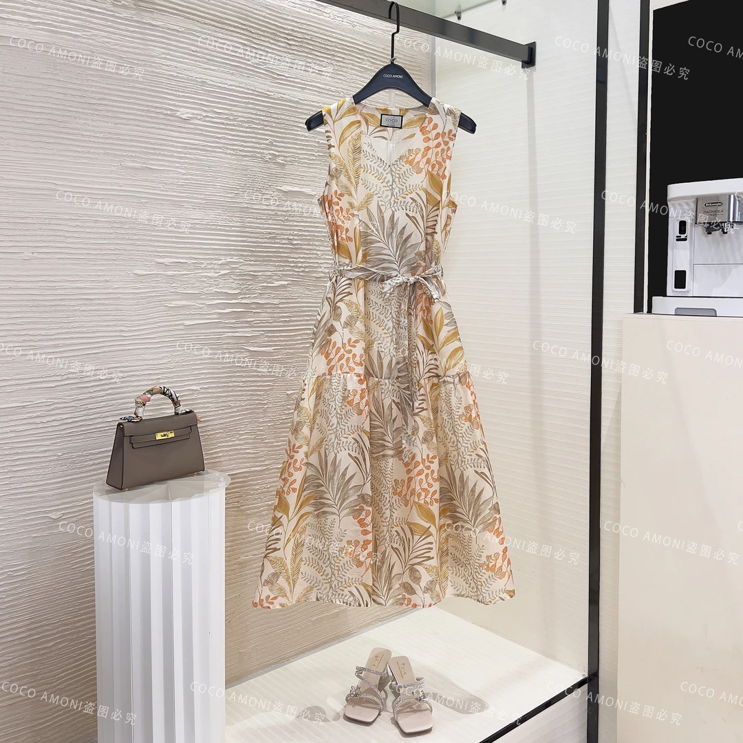 度假风时尚新款女装拼接重工碎花气质显瘦无袖连衣裙WX1028