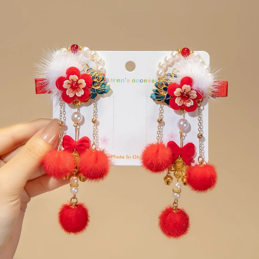 2025新款儿童对夹发饰大红过年喜庆中国风琉璃款女孩甜美复古可爱