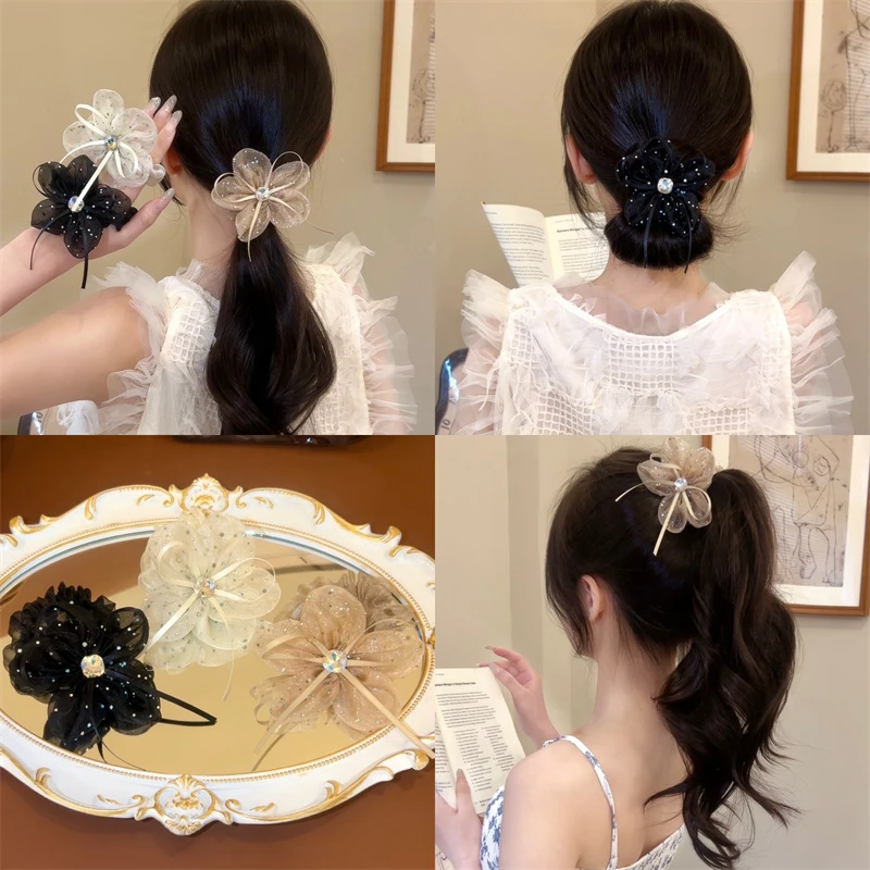 熹金网纱飘带花朵发绳夏皮筋女扎头发饰头花马尾半扎发丸子头发圈