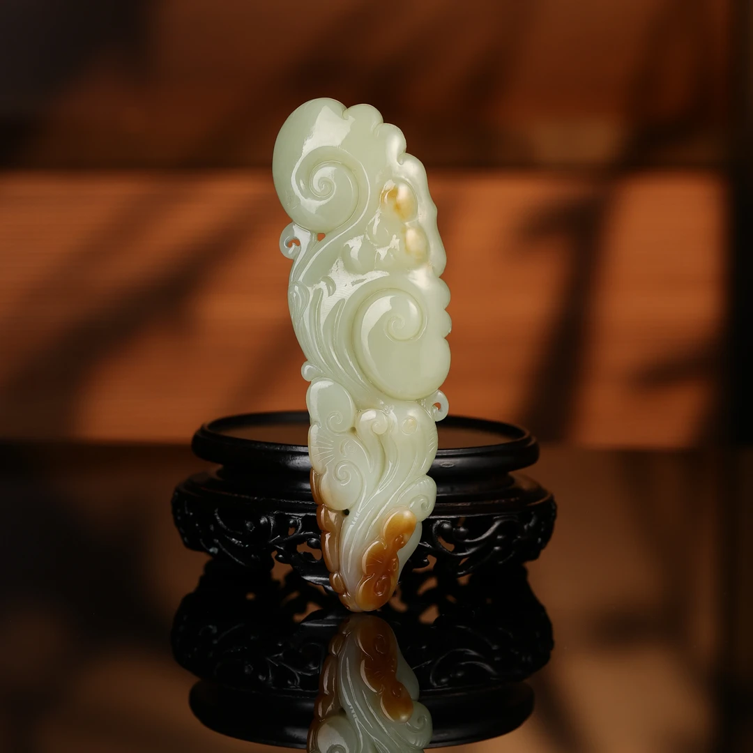 dx和田玉黄玉带糖灵芝如意2509150692