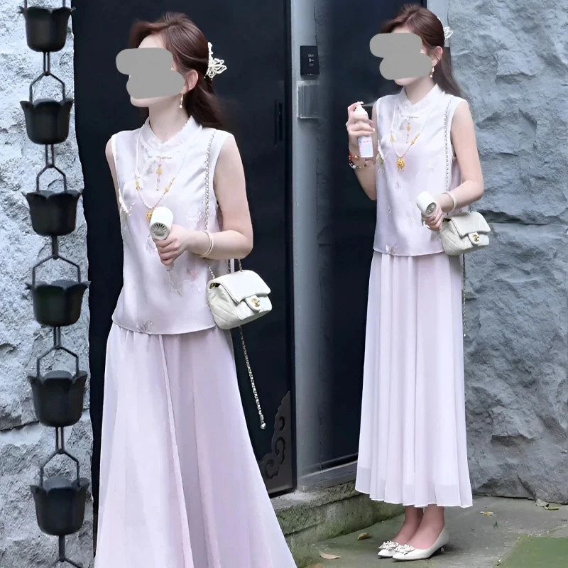 新中式女装紫色国风刺绣马甲半身裙套装夏季富家千金感汉服一整套