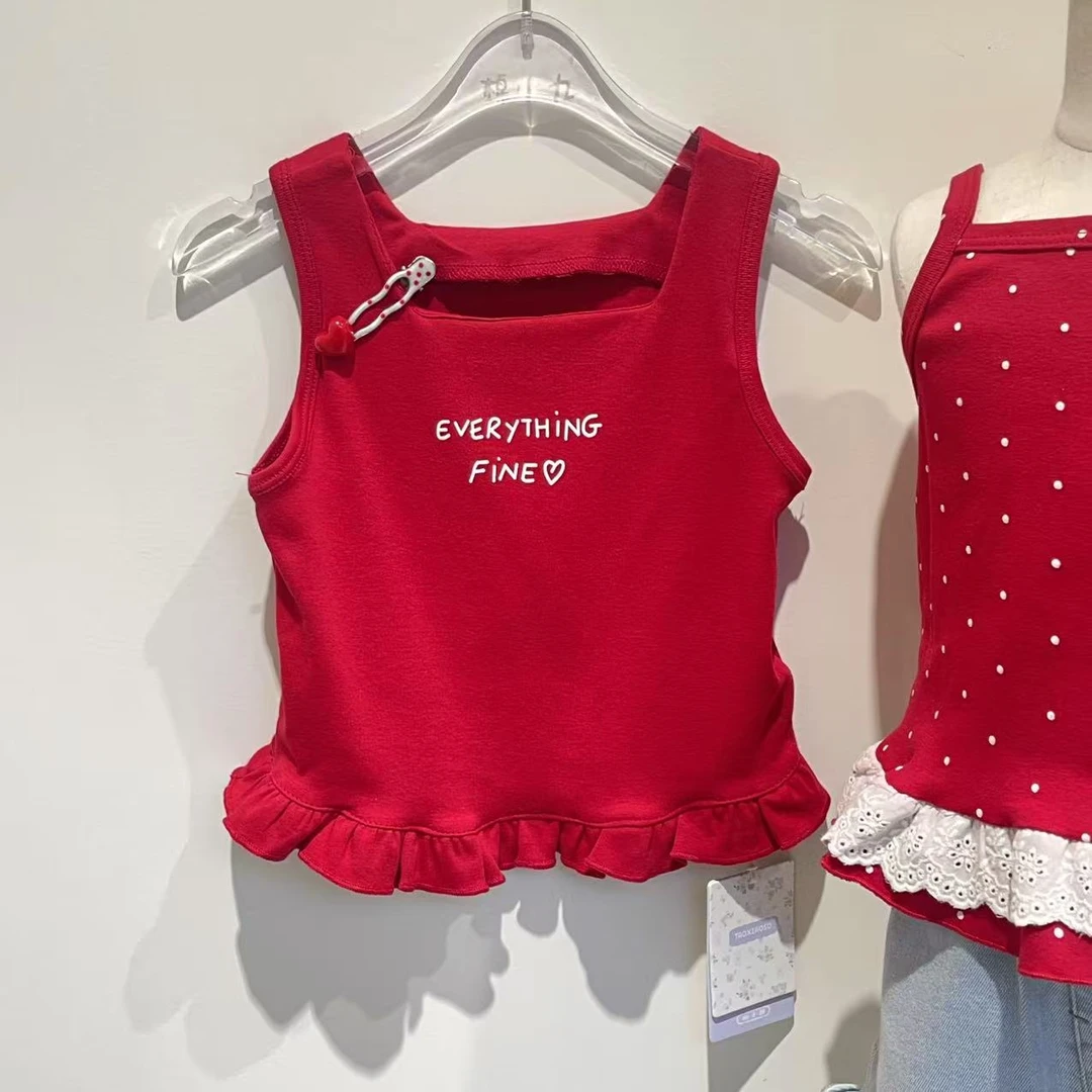 棉小九  韩系儿童可爱红色吊带小背心（小童）362215/372218