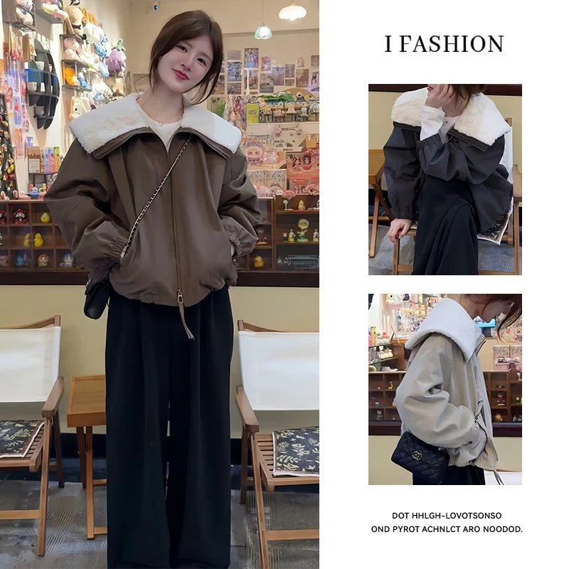 加厚保暖气质减龄大翻领短外套女2025新款设计感韩版冬季夹克棉服