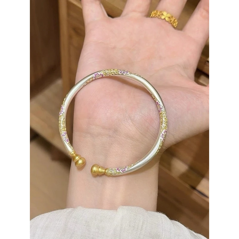足银手镯 足银999国风新中式实心描金珐琅彩葫芦纯银手镯女送礼物