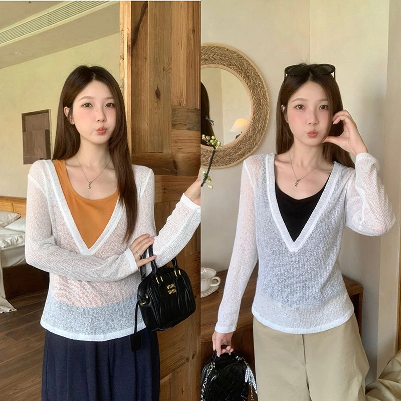 韩版V领背心长袖T恤两件套秋季大码胖妹妹洋气时髦设计感百搭上衣