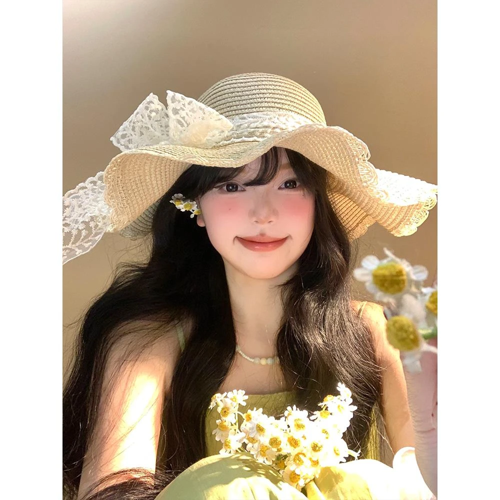 法式蕾丝蝴蝶结草帽女夏海边沙滩波浪边大帽檐太阳帽遮阳防晒帽子
