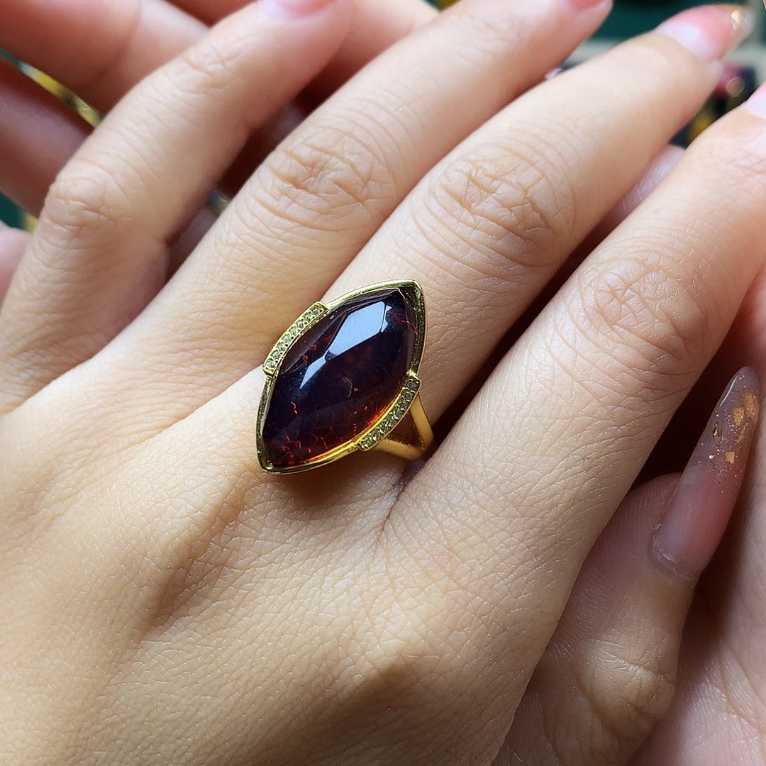 琥珀戒指银S925镶嵌戒指