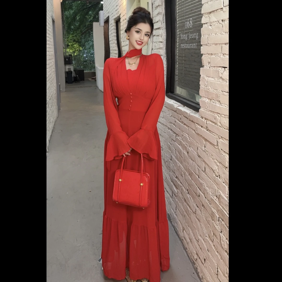 Rayhon度假风红色显瘦长裙优雅气质适合多种场合