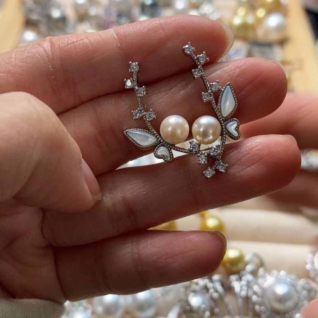 海水珍珠耳饰银S925镶嵌