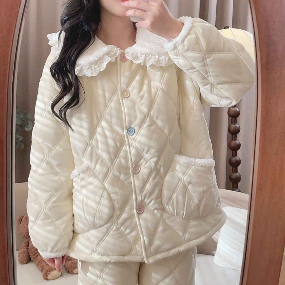 [6350] 三层夹棉睡衣长袖冬加厚冬季家居服套装甜美风韩版女士