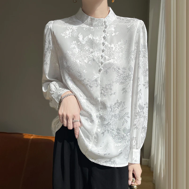 2025年春季新款轻国风缎面提花新中式立领宽松百搭长袖套头上衣
