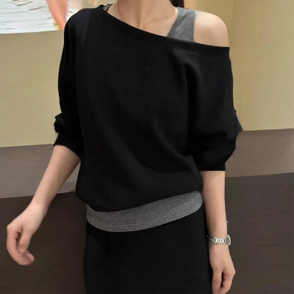 秋季松弛感穿搭套装女2025新款慵懒风拼接露肩卫衣+半身裙两件套