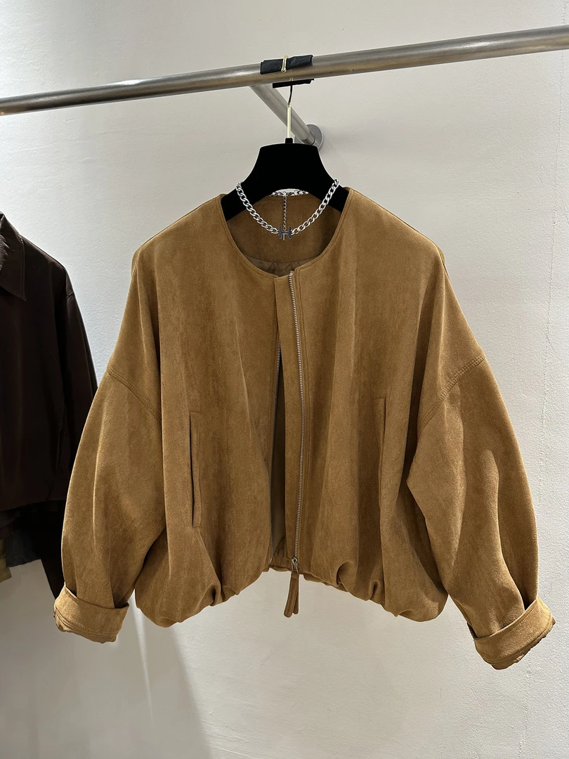 老钱风复古麂皮绒拉链短外套女2025秋季新款宽松气质甜酷圆领夹克